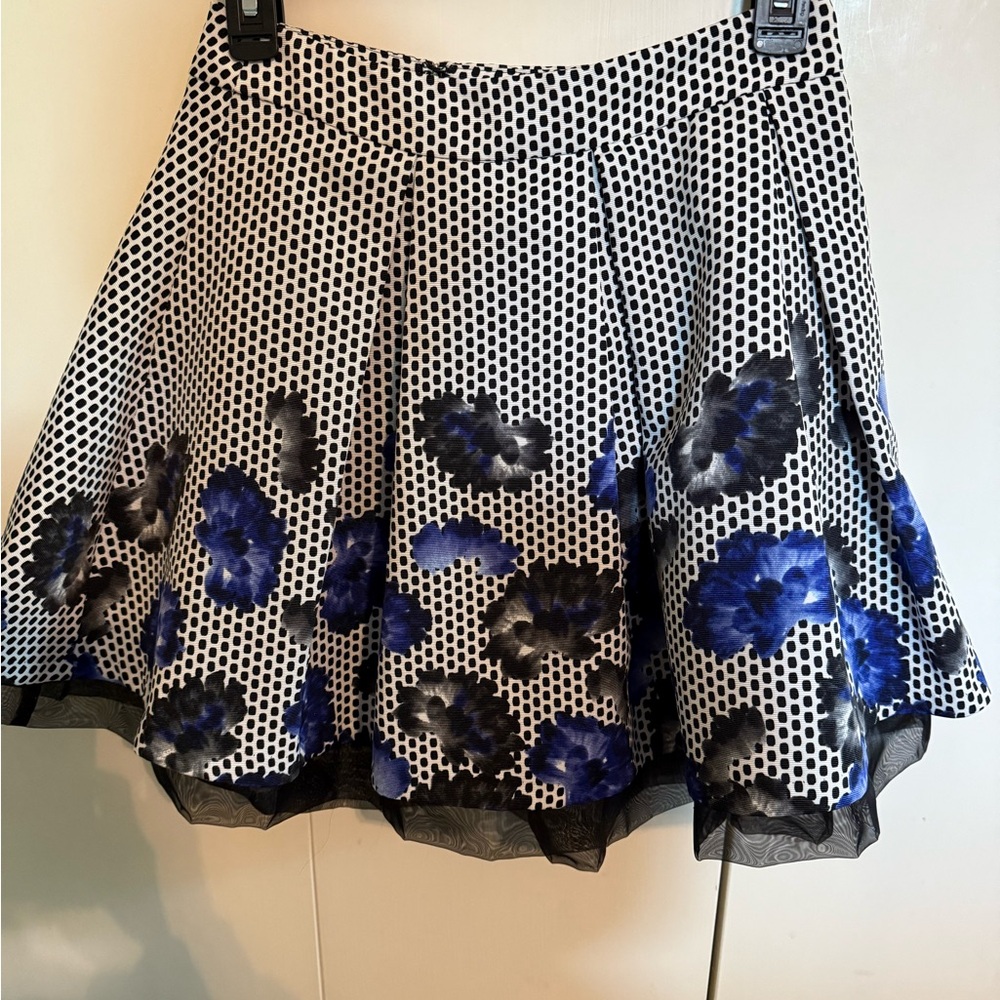 Express Black and White Mini Skater Skirt with Pleated Embellishments